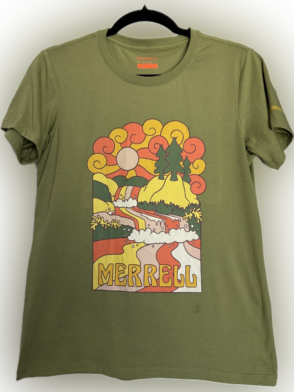 Merrell Groove Tee Olive Green Retro Graphic T-Shirt Size Small